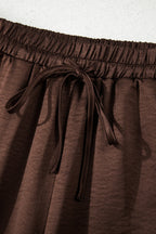 Dark Brown Braided V Neck Long Sleeve Loose Top and Drawstring High Waist Pants 2pcs Outfit