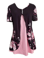 Women’s Printed Faux Two-Piece V-Neck Short Sleeve Top