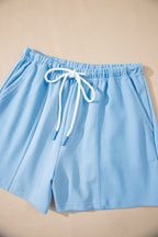 Myosotis V Neck Drop Shoulder Tee and Patchwork Drawstring Shorts Set