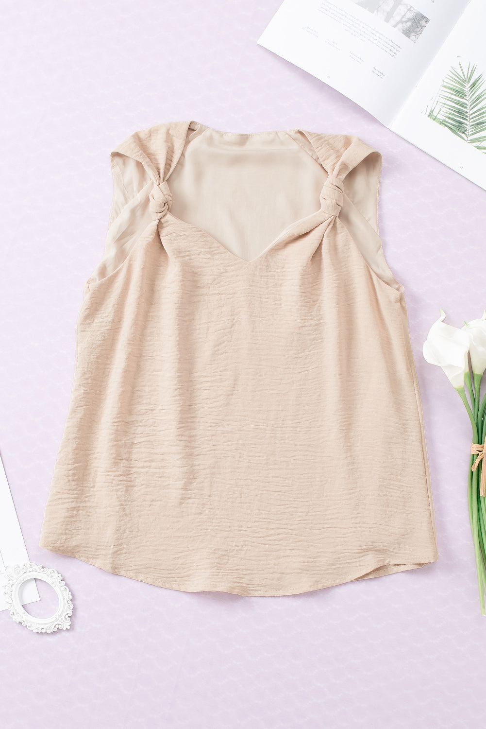 Apricot Plain V Neck Casual Knotted Shoulder Vest