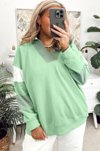 Moonlight Jade Colorblock Striped Patchwork Collar V Neck Plus Size Sweatshirt