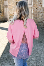 Pink Eyelash Floral Lace Patchwork Half Sleeve Oversize Tee