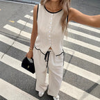 Women's Contrast Color Sleeveless Vest & Drawstring Trousers Suit – 6 Colors S–XXL
