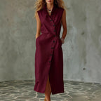 Women's Slim-Fit Sleeveless Stand Collar Pleated Midi Dress