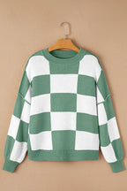 Dark Brown Plaid Bishop Sleeve Pullover Sweater