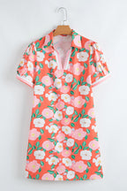 Fresh Salmon Floral Print Puff Sleeve Pop of Color Neckline Dress