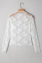 Apricot Pink Mock Neck Floral Lace Mesh Long Sleeve Top