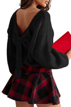 Black Bow Backless Bubble Sleeve Sweater