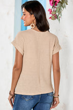 Oatmeal Hollow Patchwork Waffle Knit Top