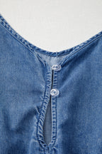 Ashleigh Blue Spaghetti Straps V Neck Belted Ruffled Leg Chambray Romper