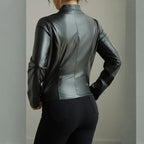 Women's Solid Color Long Sleeve Stand Collar Faux Leather Blazer