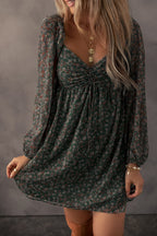 Blue Floral Print Sweetheart Neck Shirred Back Mini Dress