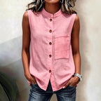 Women's Sleeveless Crop Top with Buttoned Pockets – Solid Color