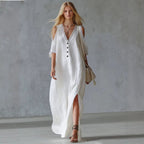 Women's Lace-Trim Loose A-Line Dress – Three-Quarter Sleeve Maxi