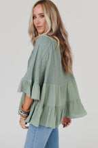 Laurel Green Tie Split Neck Textured Ruffle Patchwork Blouse