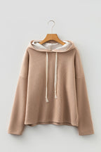 Dark Khaki Thermal Textured Leopard Drawstring Baggy Hoodie