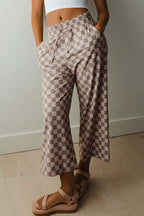 Khaki Tie Elastic Waist Checkered Loose Pants