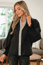 Black Puffy Flounce Sleeve Leopard Trim V Neck Blouse