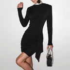 Side Pleated Ribbon Detail Figure-Hugging High Waist Semi-Formal Mini Dress