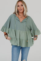 Laurel Green Tie Split Neck Textured Ruffle Patchwork Blouse