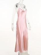 Slinky Satin Cowl Neck High Slit Dress with Back Lace Up