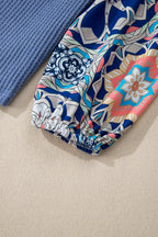 Coffee Ruffle Floral Sleeve Patchwork Waffle Top