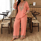 Women’s Ethnic Two Piece Set with Long Sleeve Shirt and Cropped Pants