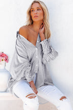 Blue Stripe Striped Casual Shirred Cuffs Shirt