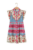 Rose Floral Mixed Pattern Ruffle Flutter Sleeve Buttoned Dress