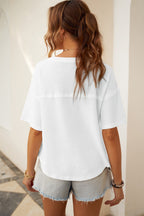 Purple Exposed Seam Half Sleeve Knitted V Neck Textured Top