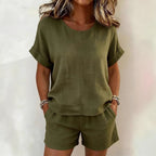 Solid-Color T-Shirt & Shorts Set – Cotton Linen, 10 Colors
