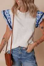 Rose Floral Striped Patchwork Flutter Sleeve Blouse