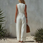 Women's Sleeveless Wide-Leg Jumpsuit – Loose Fit, V-Neck, Cotton Linen