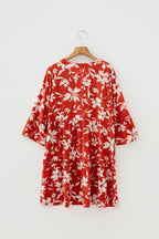 Blue Boho Floral Print Lettuce Trim 3/4 Sleeve Mini Dress