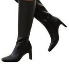 Athlefit Womens Size 8 Black Faux Leather 3" Block Heel Knee High Side Zip Boots