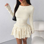 Round-neck Sheath Dress With Pleats And Long Sleeves