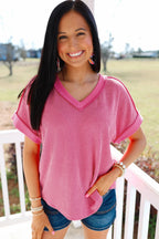 Rose Red Twisted Ribbed Knit Patchwork V Neck Casual Tee