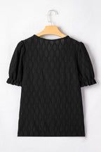 Beau Blue Solid Color Textured Notched Neck Puff Sleeve Blouse