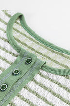 Green Stripe Textured Frilly Trim Buttons Henley Long Sleeve Top