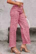 Leopard Frayed Edge Wide Leg High Waist Jeans