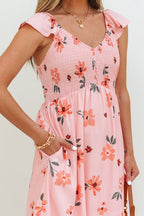 Pink Floral V Neck Smocked High Waist Ruffle Hem Long Dress