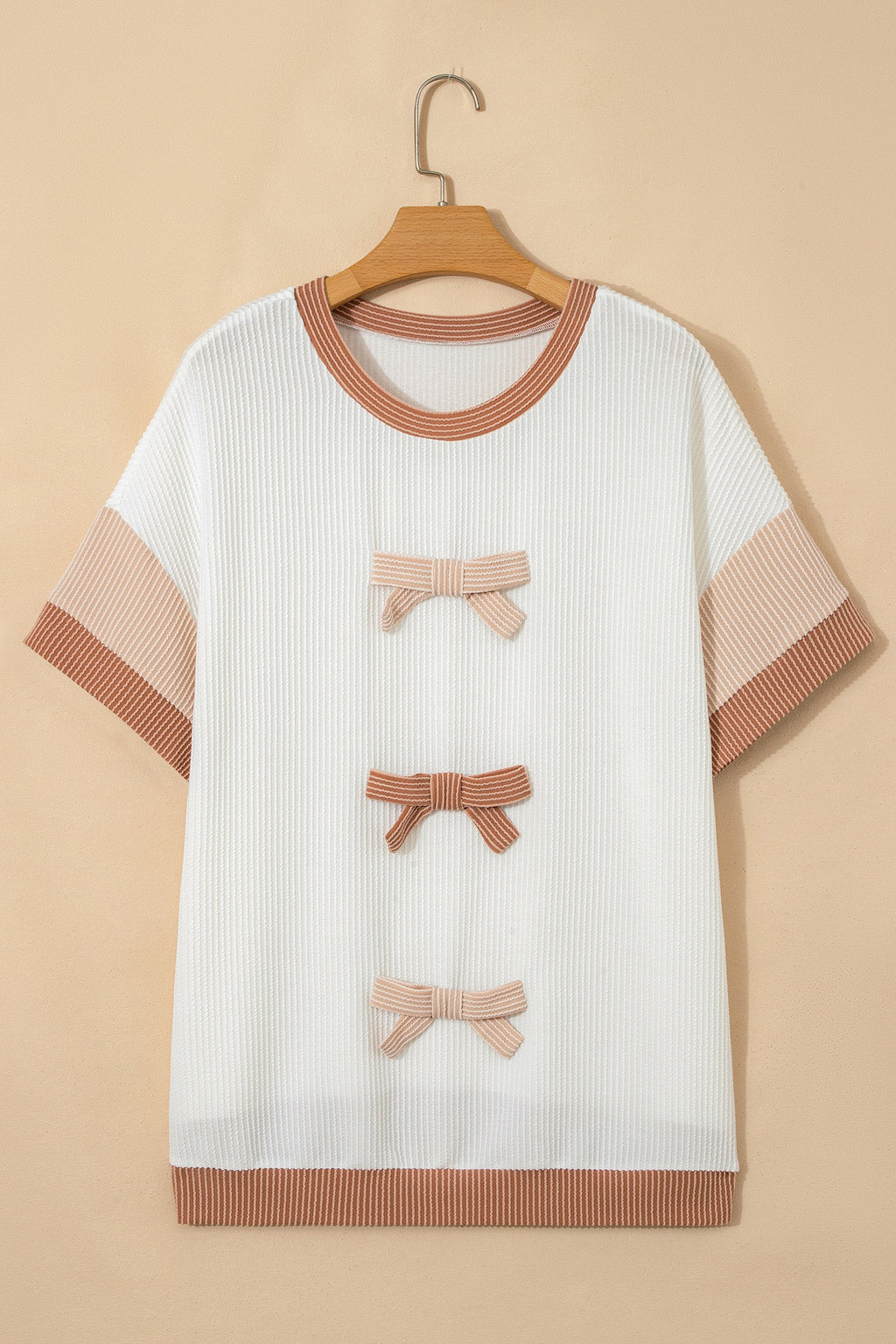 Apricot Bowknot Applique Plus Size Ribbed Top
