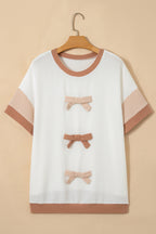 Apricot Bowknot Applique Plus Size Ribbed Top