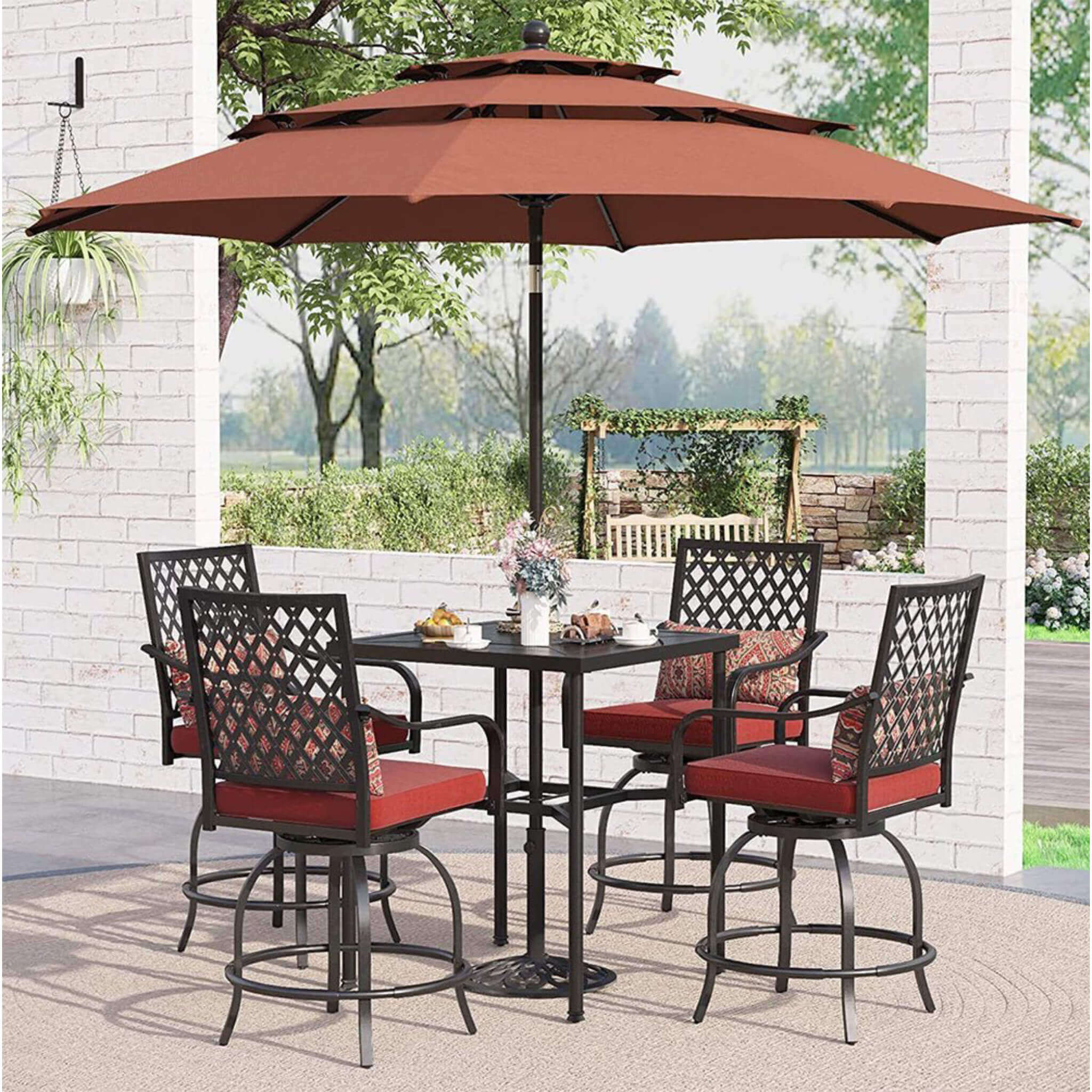 Alora 6-Piece Outdoor Patio Bar Set Dining Table With Umbrella & Swivel Bar Stools (SAK53218)