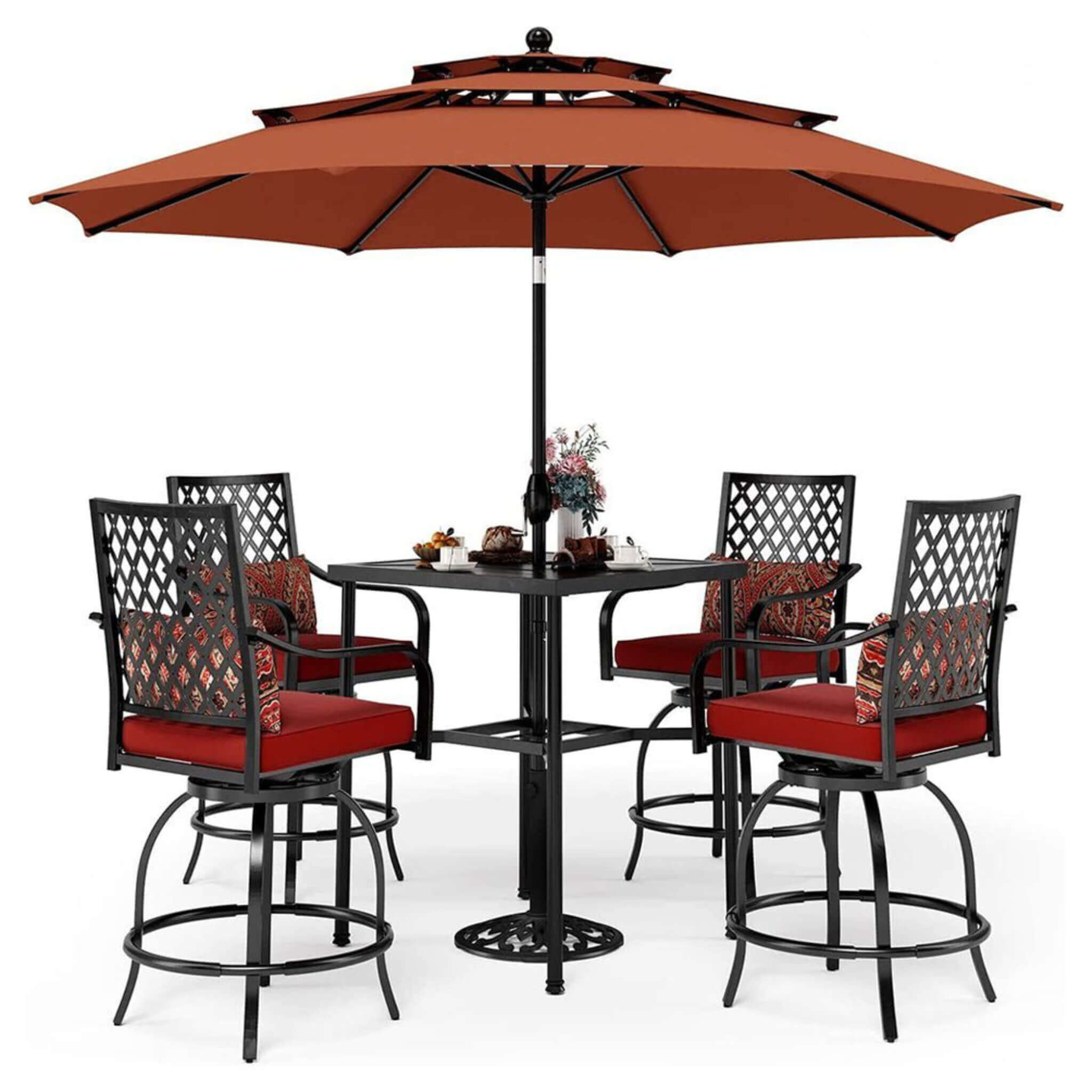 Alora 6-Piece Outdoor Patio Bar Set Dining Table With Umbrella & Swivel Bar Stools (SAK53218)