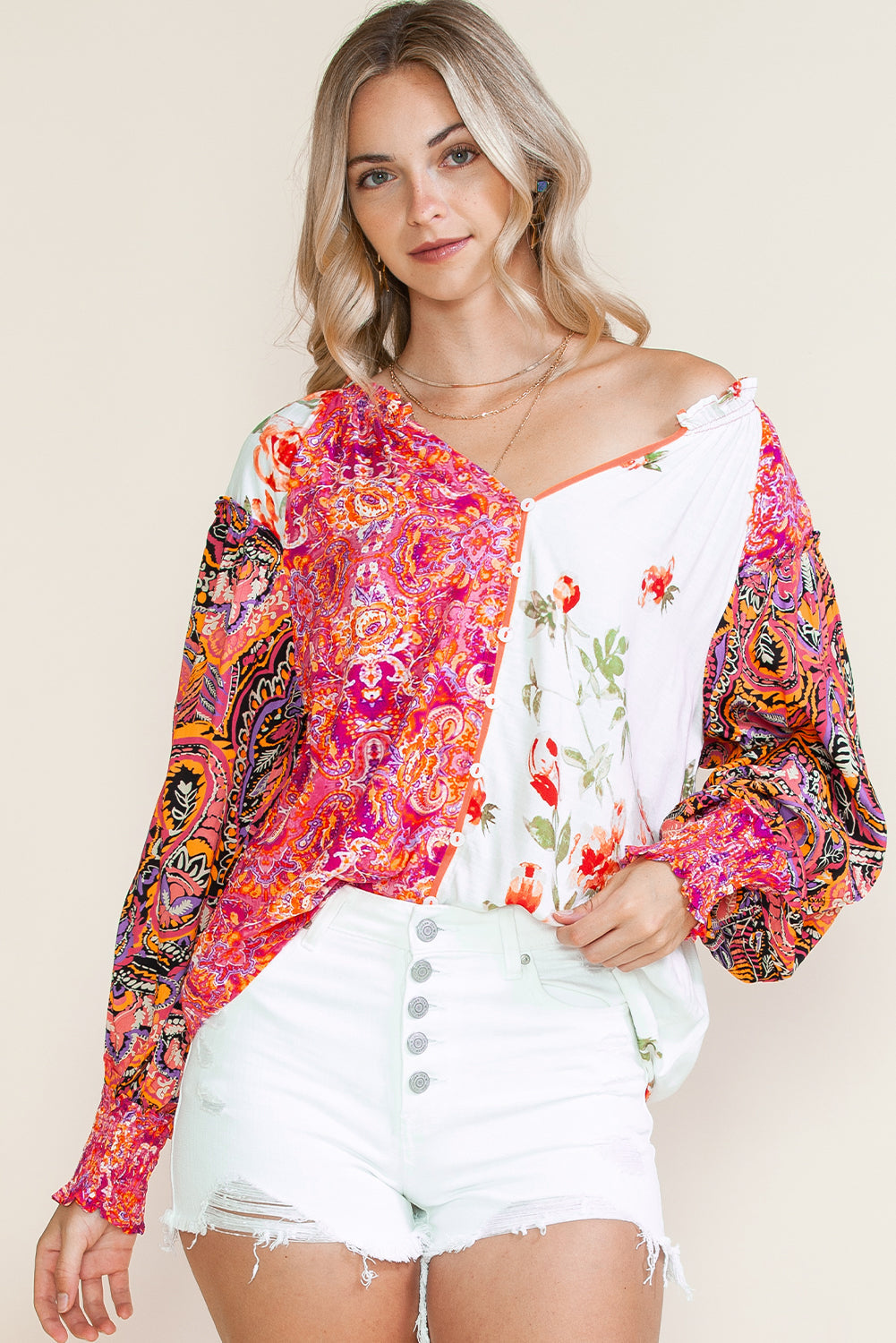 Multicolor Floral Patchwork Shirred Cuff Buttoned V Neck Blouse