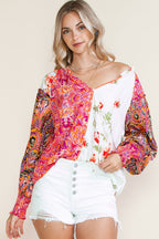 Multicolor Floral Patchwork Shirred Cuff Buttoned V Neck Blouse