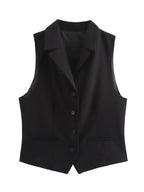 Womens Solid-Color Elegant Lapel Sleeveless Single-Breasted Vest