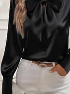 Satin Bow Tie Long Sleeve Top