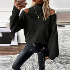 Women’s Elegant Off-Shoulder Turtleneck Sweater — Long Sleeve Knit Top